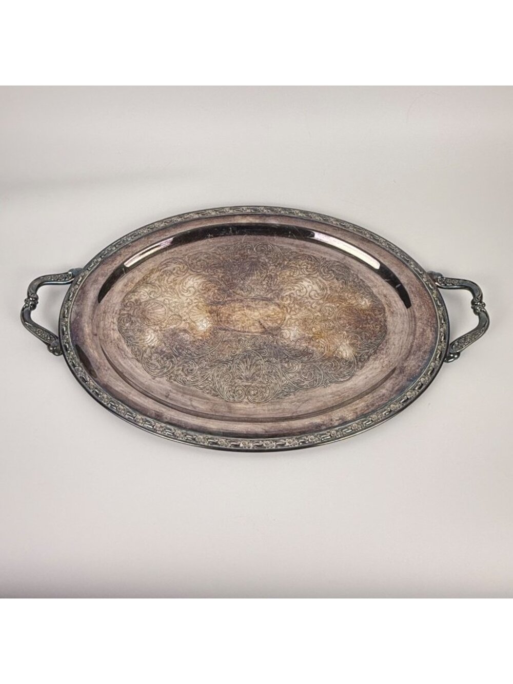Oneida Silversmiths Silver-Plated Oval Handled Serving Platter Engraved Center